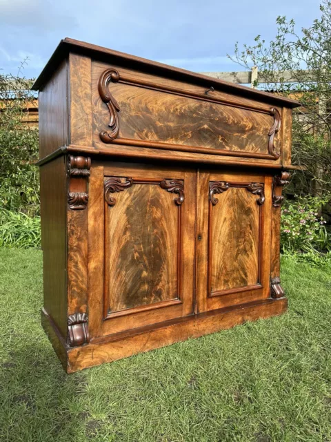 Antique Flame Mahogany Bureau Desk Cupboard Georgian Secretaire Pigeon Holes