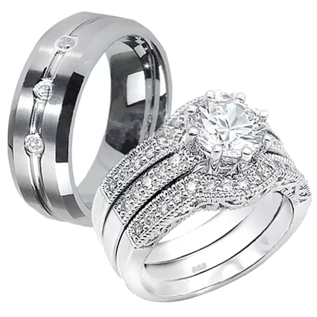 Classic Hers Solid Sterling Silver His Tungsten Wedding Engagement Ring Band Set