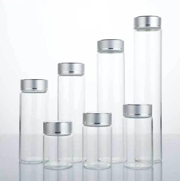 Empty 5ml-200ml Transparent Glass Storage Bottles w/ Aluminum Silver Line Caps