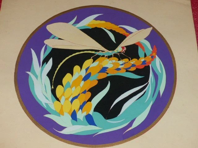 Gouache Au Pochoir Art Déco Français 1925 - Libellule Et Fleurs, Rare Et Superbe