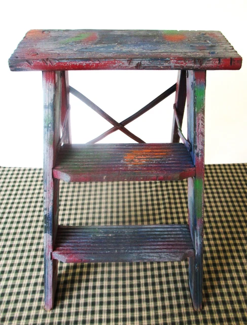 Vintage Wood Step Stool Ladder, 22" Tall, Old Rainbow Colors, Paint Primitive