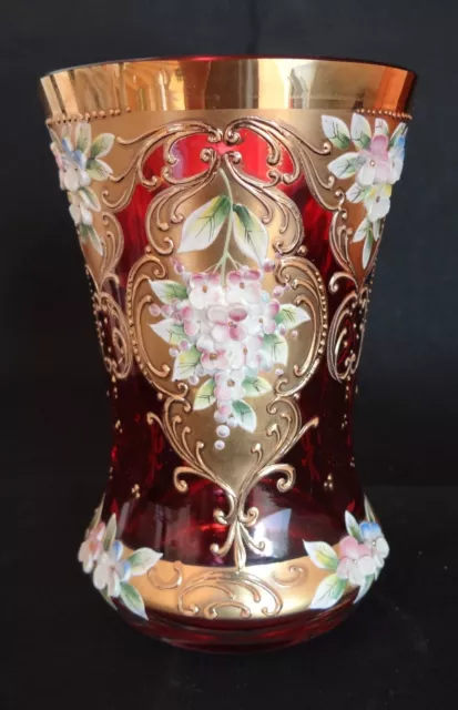 Magnifique Ancien Petit Vase Murano Finement Emaille Decor Floral