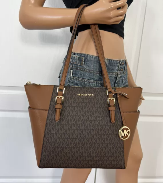 Michael Kors Charlotte Top Zip Tote MK Signature Shoulder Bag Brown