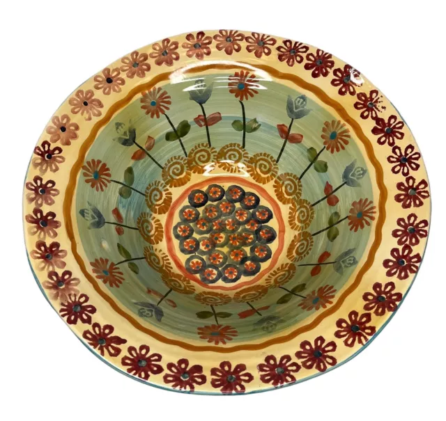 Hand Painted Italian Pottery Serving Pasta Bowl Multi-Colored Floral 14.5"x 6"
