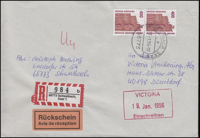 1562 SWK Semperoper Dresden 400 Paar MeF Eil-Bf + Rückschein SCHWALBACH 17.1.96