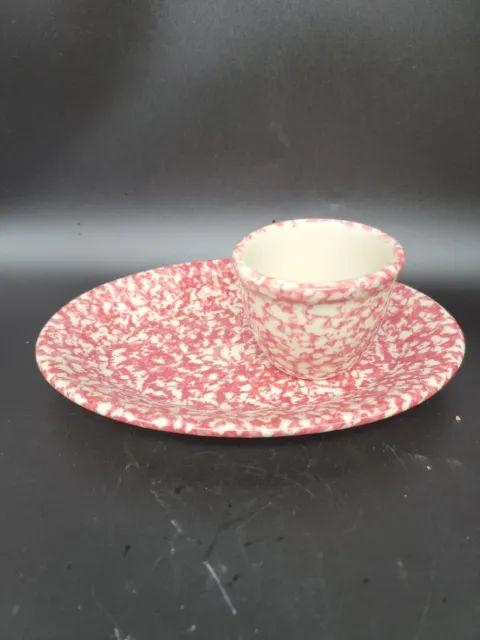 Roseville Spongeware Pottery Gerald E. Henn Red Splatter Oval Plate W/ cup