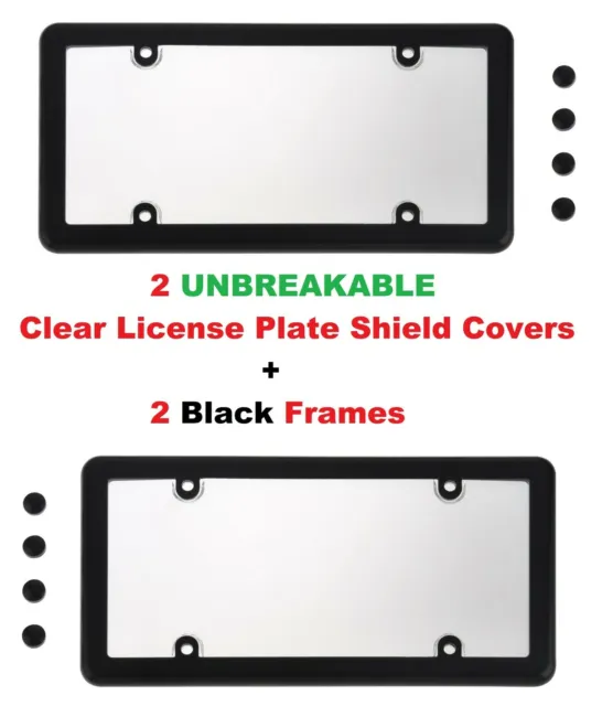 2 UNBREAKABLE Clear License Plate Shield Covers + 2 Black Frames for Cars New