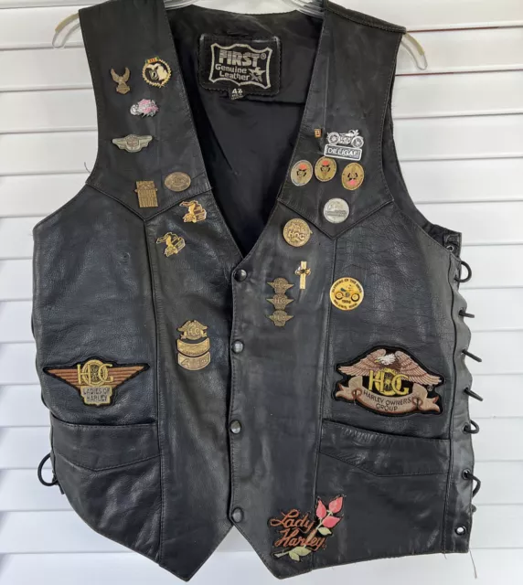 Vintage Leather Motorcycle Vest HOG Harley Davidson Pins & Patches Black Size 42