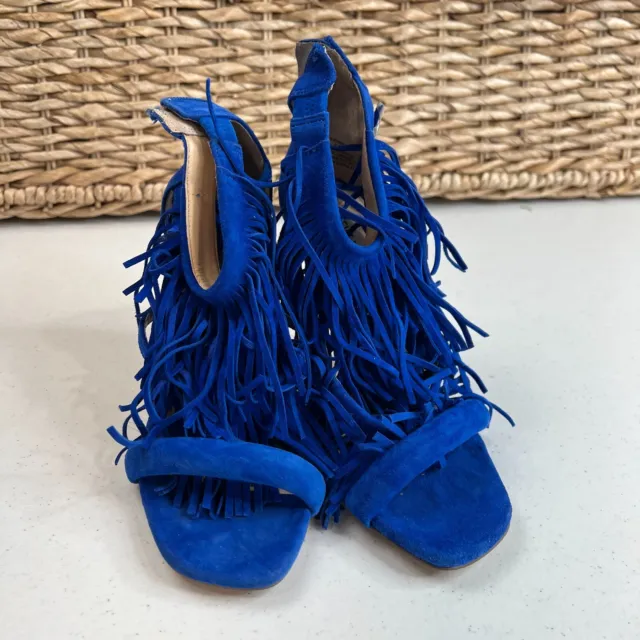 Steve Madden Women's Suede Leather Fringly Sandal Royal Blue Size 6.5M