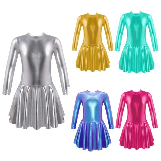 Fille Justaucorps Gymnastique Métallique Robe Danse Patinage Manches Longues