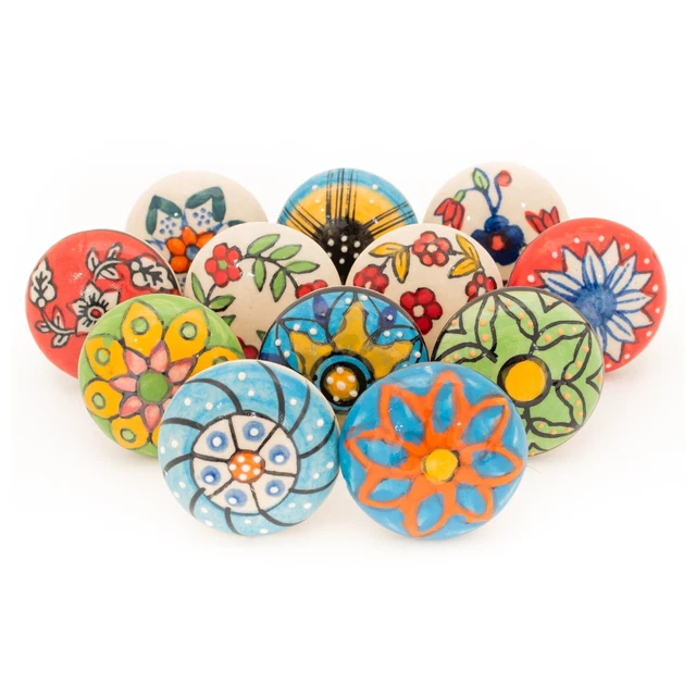 12 x Flat Round Multicoloured Ceramic Knobs Door Handle Cabinet Drawer Cupboard