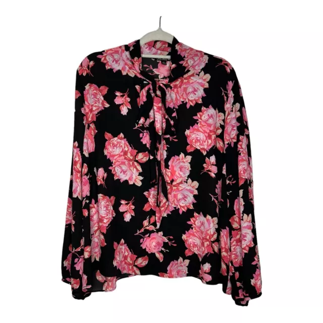 J Crew Womens Blouse Plus Size XXL Black Pink Floral Neck Tie Spring Roses Flowy