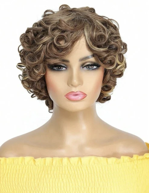 Perruque Courte Bouclée Pour Femme - Cheveux Humains Indiens - Couleur Brun - Longueur 8" (20cm) + Cadeau
