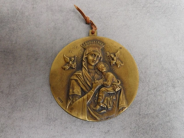 Grande Médaille Religieuse Ancienne – Bronze, Vierge Couronnée à L’enfant Et Chérubins