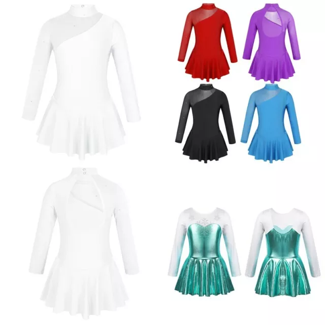 Kids Girls Roller Figure Skating Dress Ballet Gymnastics Leotard Skirts Costumes