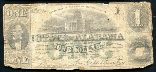 1863 $1 The State Of Alabama Montgomery, Al Obsolete Banknote