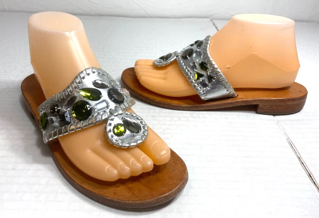 Jack Rogers Zsa Zsa Maggie Silver w/Jewels Thong Flat Sandals Shoes Sz 7