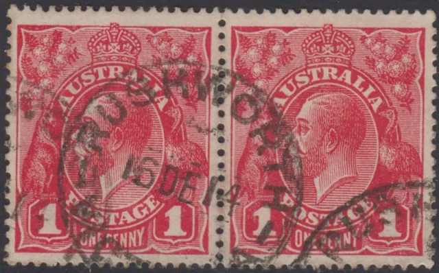 Postmark 1914 Rushworth Victoria Australia on pair 1d red KGV perf stamps