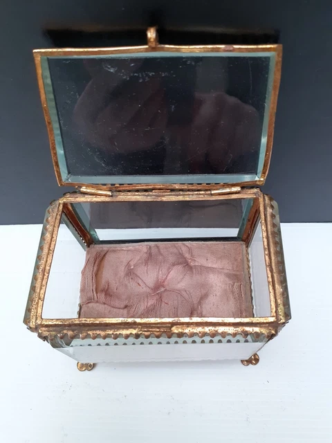 Boîte à Bijoux Vintage En Laiton Et Verre - Coffret Ancien Français - Occasion