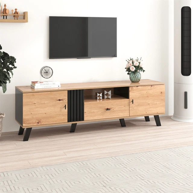 Commode, Buffet, Banc Tv Bois Clair 1 Porte Et 4 Tiroirs De Rangement Cannage Naturel Scandinave Cosy 80x30x57cm