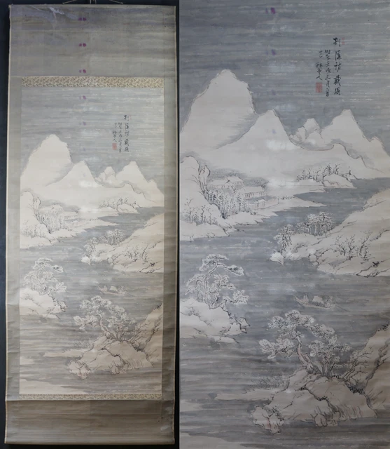 Antique Japan ink winter panting scroll 1850 Sansui Sumi-e