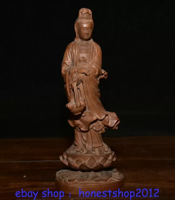 8.2" Old Chinese Boxwood Wood Carved Feng Shui Kwan-yin Guan Yin Goddess Statue