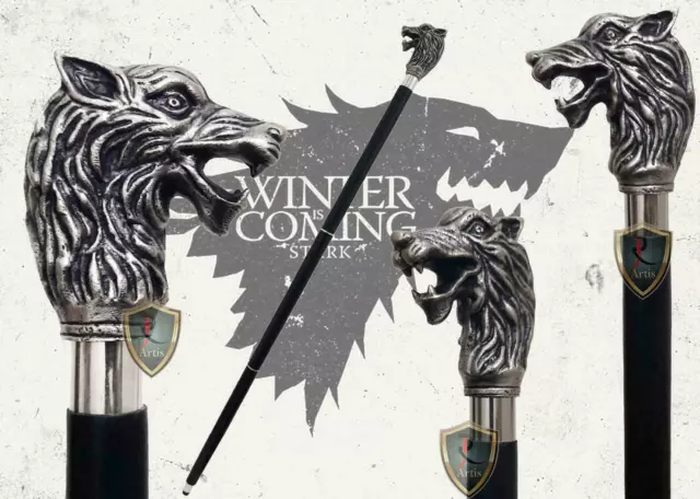 Handmade Designer Wooden Walking Stick ,Game of Thrones Wolf Head Handle Cane