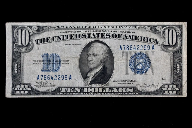 RARE FRONT PLATE 87 $10 1934A blue seal Silver Certificate A78642299A series A 2