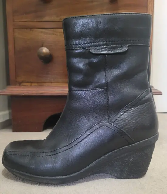 HUSH PUPPIES with Wave Reflex Black Leather Wedge Ankle Boots Size UK 5 EUR 38