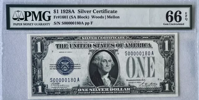 💎1928A $1 Silver Certificate Pmg 66Epq~Extreme Low Serial# 00000180 Gem/Crisp