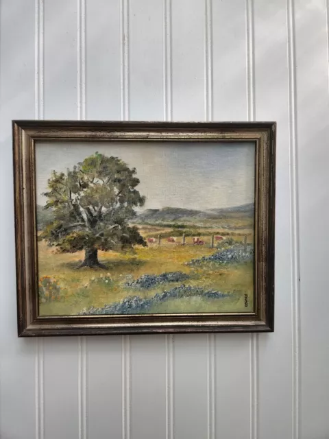 Original Oil Painting Texas Hill Country Vintage Oak Blue Bonnets Cows Art BSB