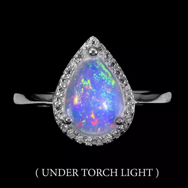 Unheated Pear Fire Opal Rainbow 9x7mm Simulated Cz 925 Sterling Silver Ring 7