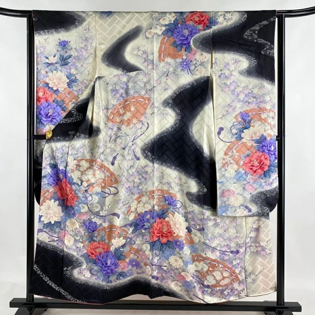 Japanese Kimono Furisode Pure Silk hiogi botan silvery embroidery white