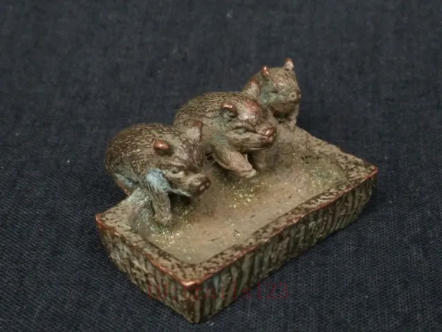 Collected Old China Bronze Carving Lovely Pig Feed Statue Paperweight Decoration