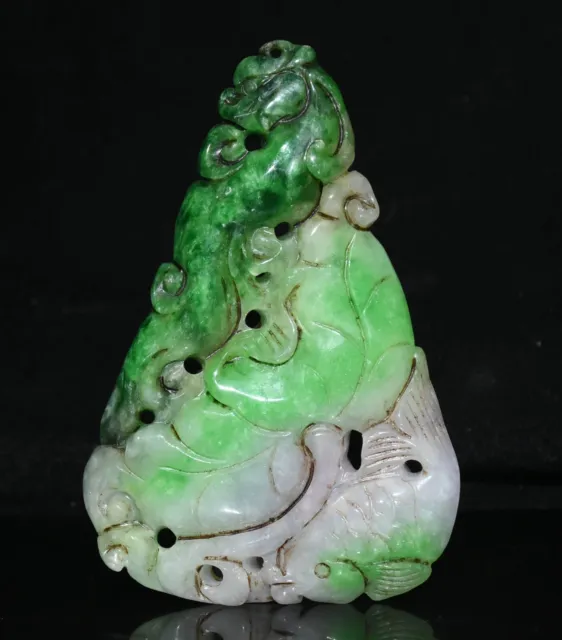 3.5''Old Chinese Emerald Jadeite Jade Carved Dragon Loong Beast Fish Pendnat