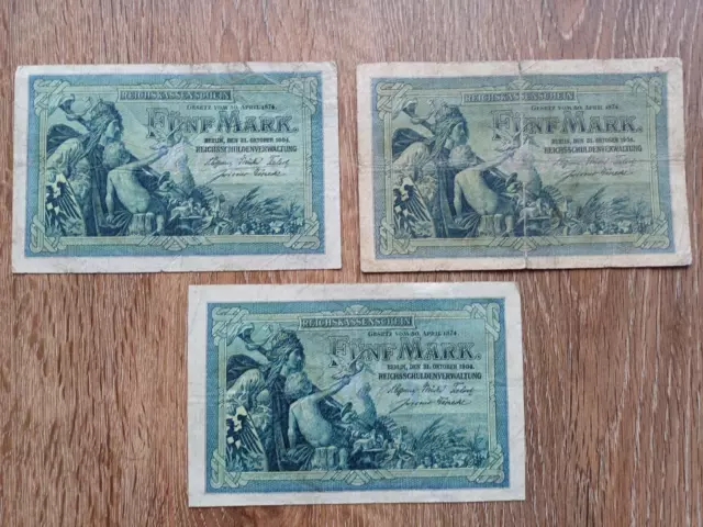 Reichskassenscheine 5 Mark, 1904, KN 2x6 stellig, 1x 7 stellig