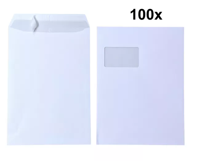 100x Buste Spedizione C4 A4 Finestra Strisce da Tirare Autoadesivo Bianco Buste