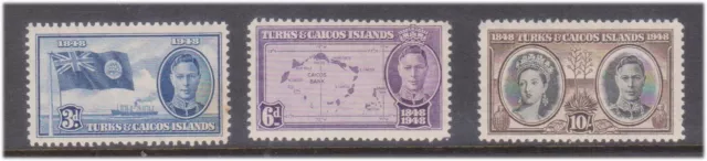 (F36-128) 1948 Turks & Caicos Islands 3stamps KGVI 3d 6d &10/- (separation)(EB)