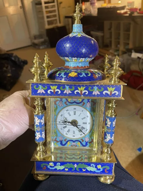 Vintage Chinese  Cloisonné Brass Enamel Blue Floral Mantle Carriage Clock