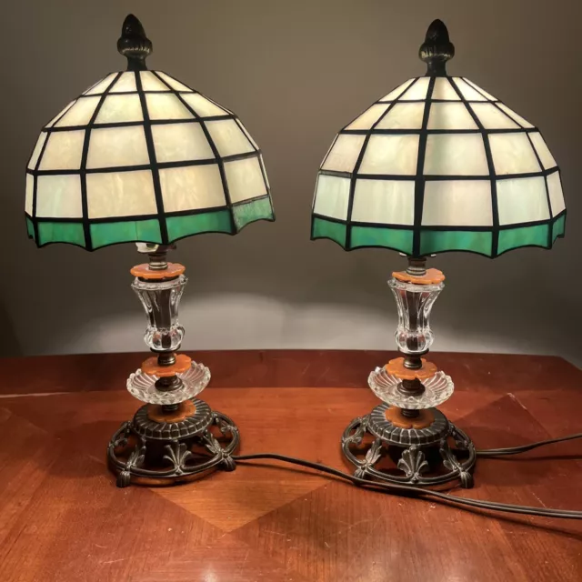 A Pair Of Vintage Tiffany Style Stained Glass Table Accent Lamp 2 Colorful 12.5”