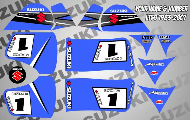 suzuki lt50 quad graphics stickers decals name & number mx laminate vinyl blue