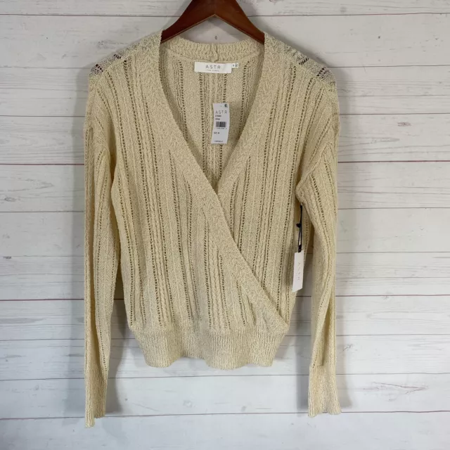 ASTR The Label Womens Long Sleeve Faux Wrap Sweater M Cream Open Knit New