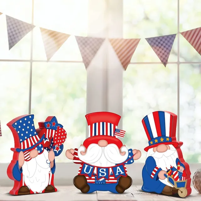 3 Pieces Patriotic Table Decorations American Gnome Wooden Signs Wood Freestand!