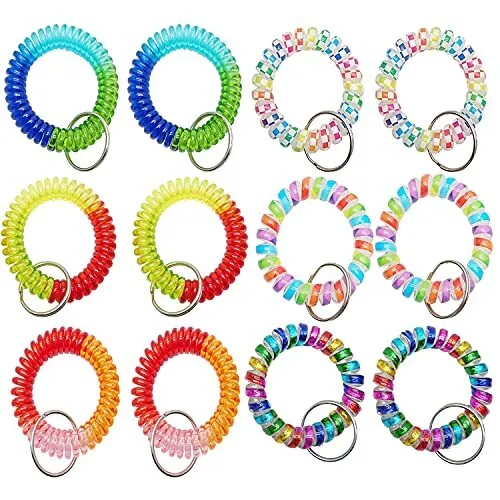 12 Pcs Wrist Coil Keychain Stretch Wristband for Gym Pool ID Badge