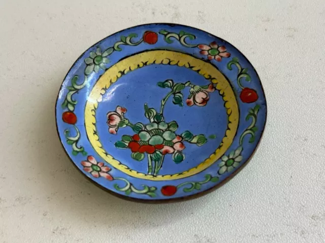 Vintage Antique Chinese Canton Enamel Small Trinket Dish w/ Floral Decoration