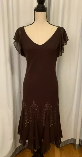 SL Fashions 8 Brown Vneck Ruffle Short Sleeves Gold Sequin Midi Formal Party VTG