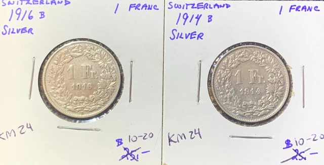 Switzerland 1914B & 1916B 1 Franc .835 Silver coins KM# 24