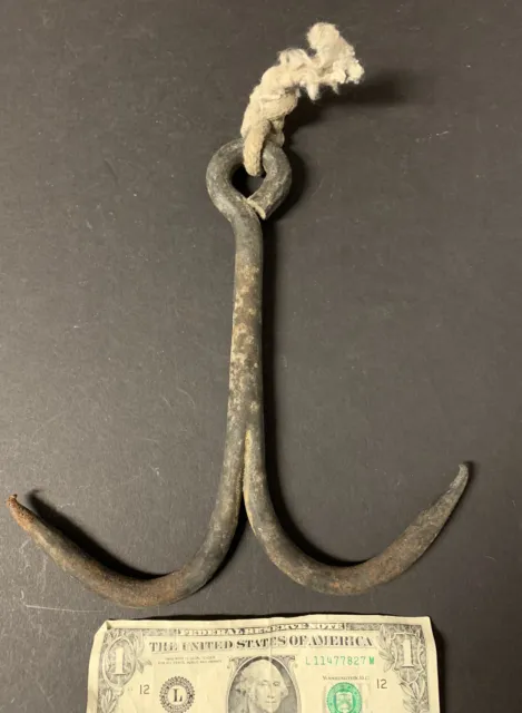 Antique Hand Forged Wrought Iron Grappling Hook Trap Drag Anchor 2 Prong