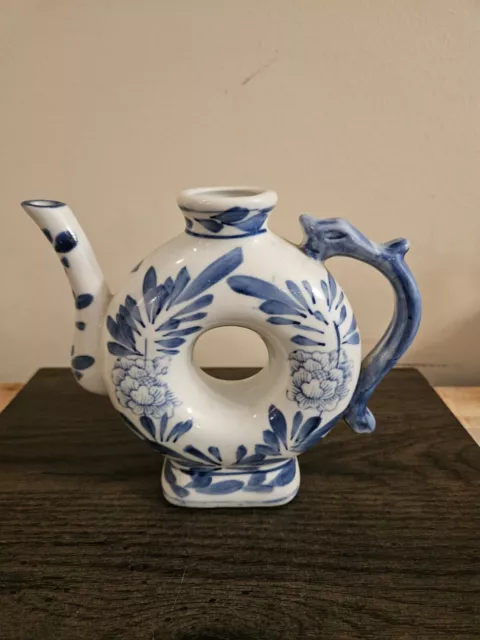 Vintage floral blue Snd white teapot/vase no lid. 6" Tall