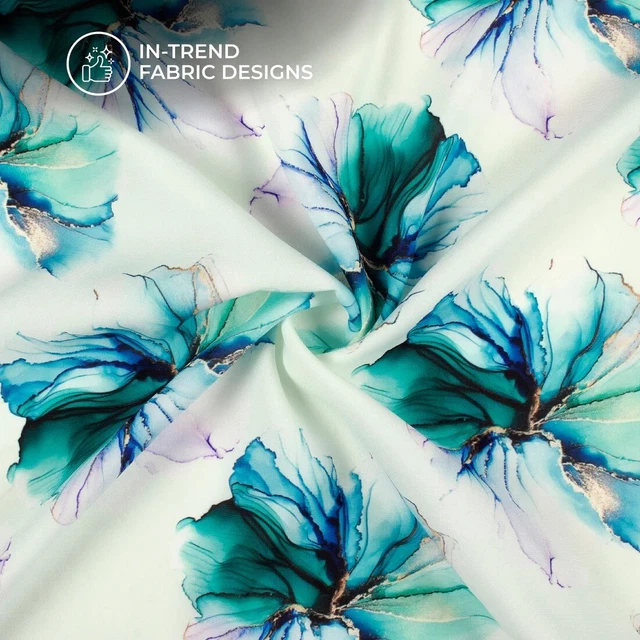 Ocean Blue Floral Digital Printed BSY Crepe Fabric Cut By Yard Multipurpose